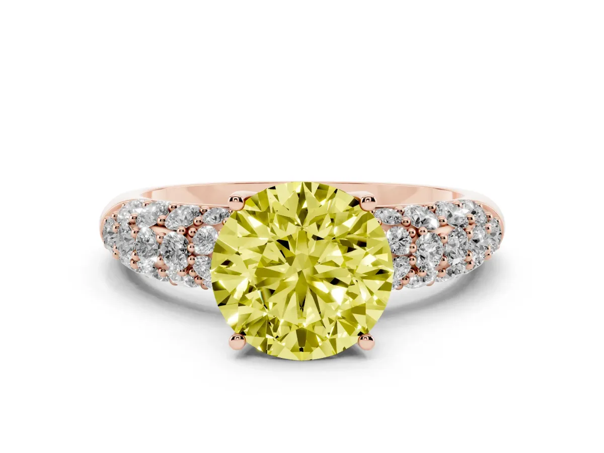 Fancy Yellow Round Cut Diamond Pavé Band Solitaire Ring with Four-Prong Setting Rose gold