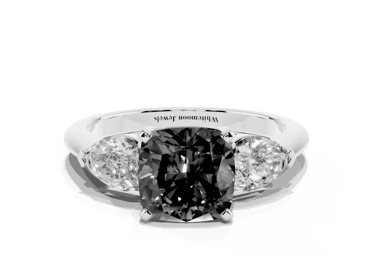 Fancy Black Three-Stone Cushion Cut Diamond Ring with Pear Side Stones and Four-Prong Setting Silver