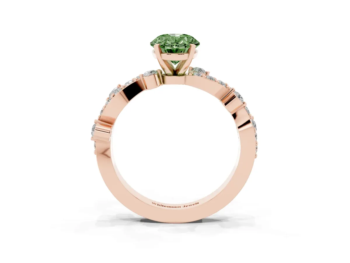 Fancy Green Oval Cut Cut Solitaire Diamond Twisted Band with Pave Setting Rose gold