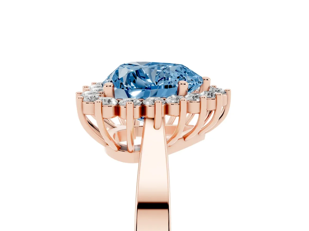 Fancy Blue Heart Cut Cut Diamond Halo Ring with Round Brilliant Halo and Solitaire Band Rose gold