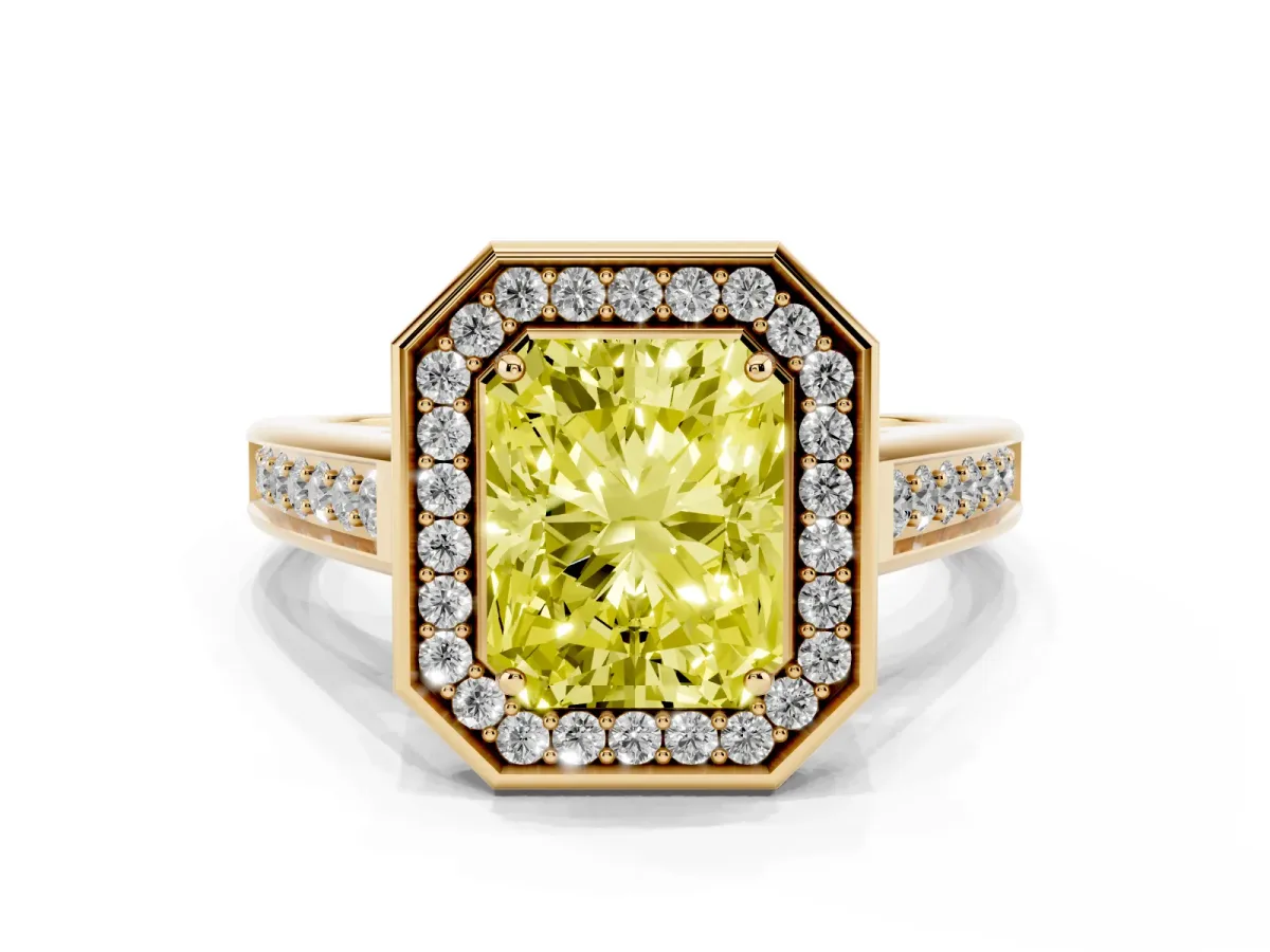 Fancy Yellow Radiant Cut Halo Solitaire Diamond Ring with Pave Band and Bezel Setting Yellow gold