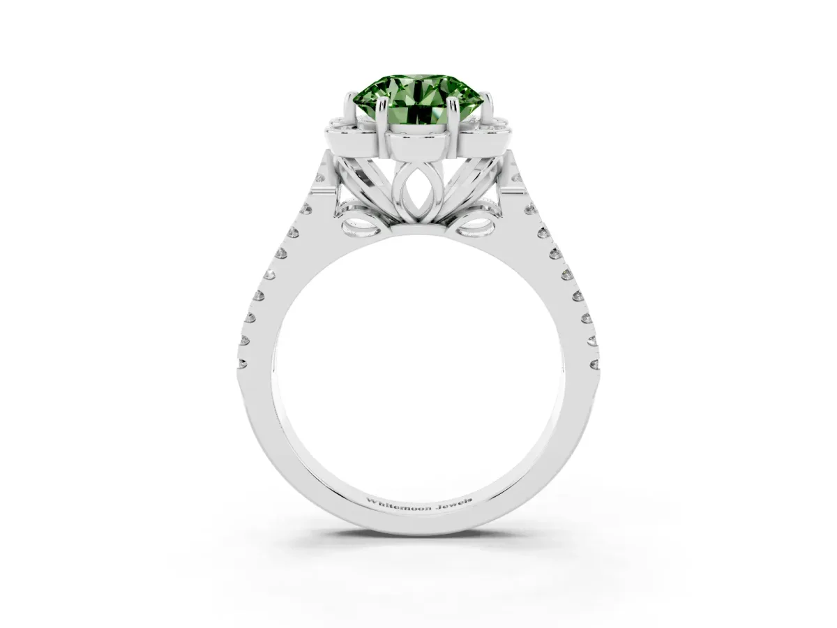 Fancy Green Round Cut Halo Diamond Floral Split Shank Engagement Ring Silver