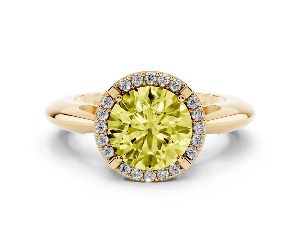 Fancy Yellow Round Cut Cut Diamond Halo Engagement Ring with Split Shank and Four-Prong Setting Yellow gold