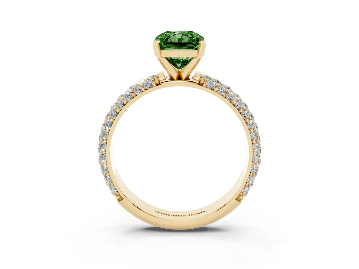 Fancy Green Radiant Cut Diamond Solitaire Ring with Prong Setting and Pavé Band Yellow gold
