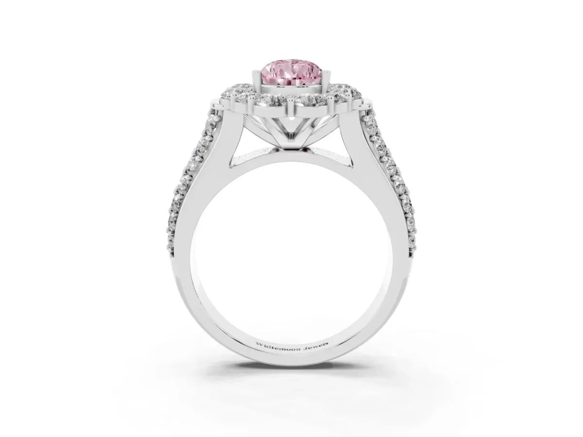 Fancy Pink Pear Cut Halo Diamond Engagement Ring with Split Shank and Prong Setting Platinum