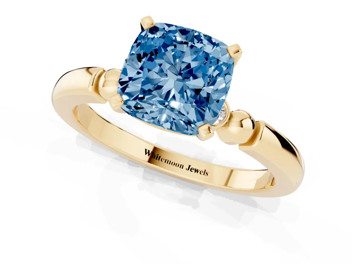 Fancy Blue Cushion Cut Solitaire Beaded Band with Four-Prong Setting Yellow gold