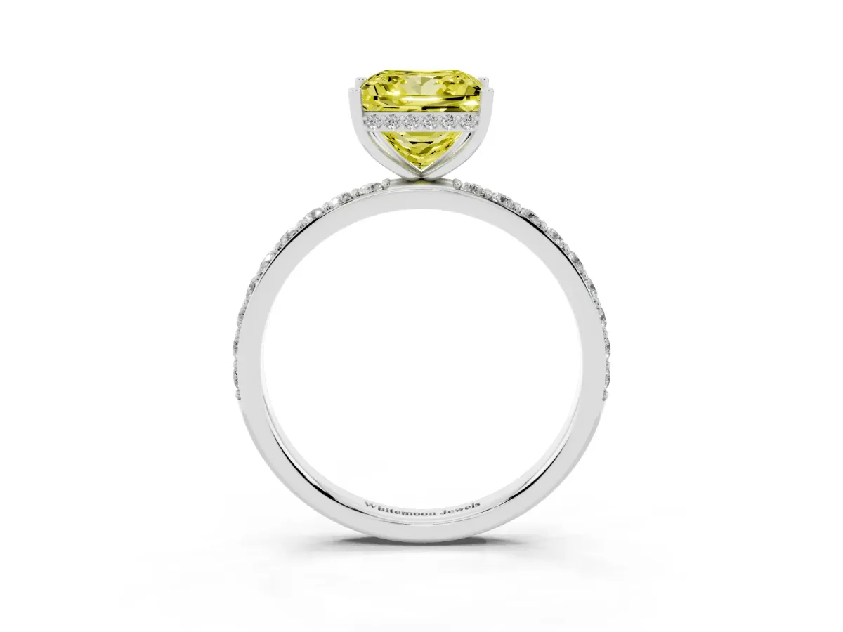 Fancy Yellow Princess Cut Diamond Solitaire Ring with Pavé Band and Hidden Halo Silver