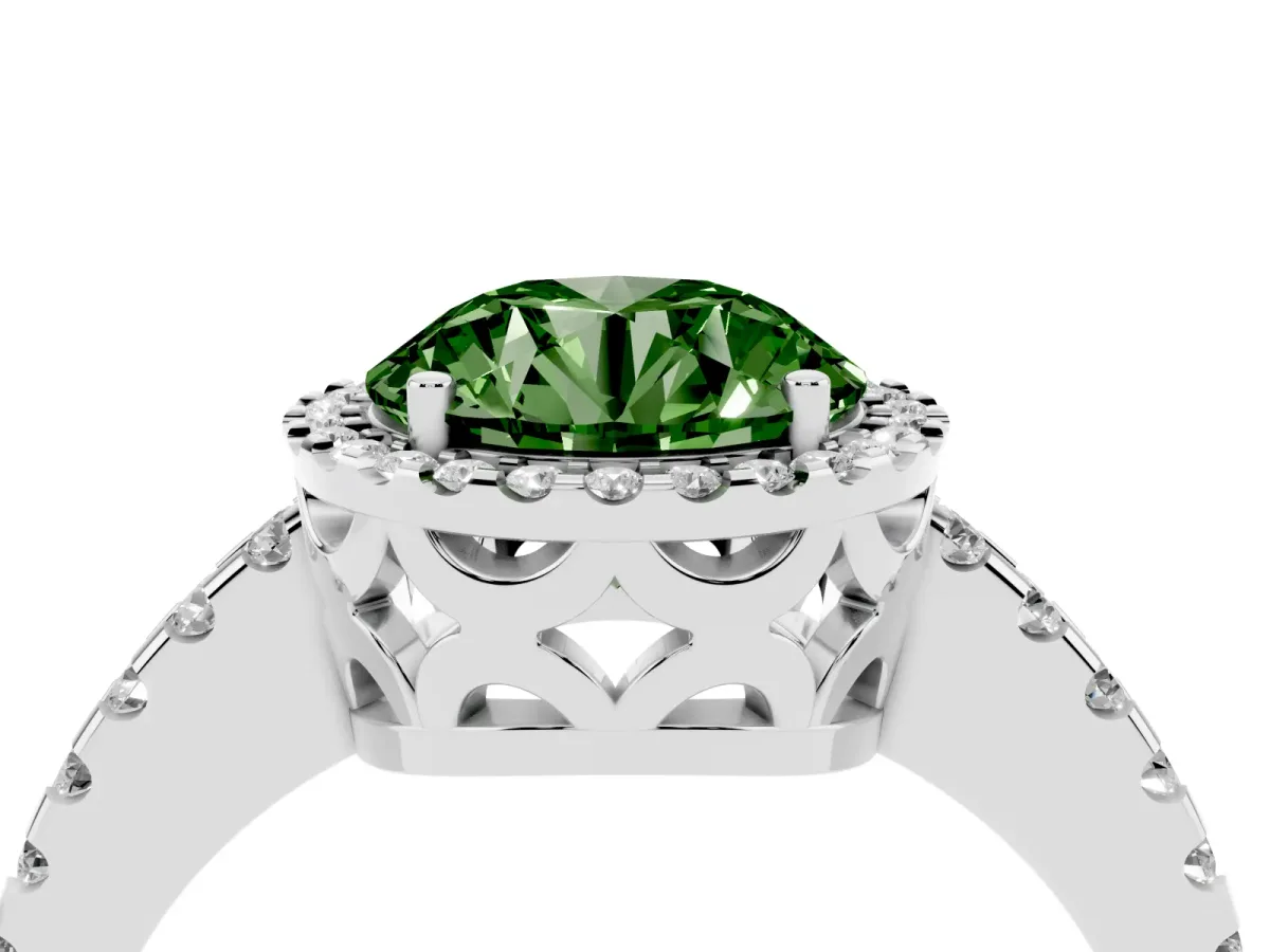 Fancy Green Round Cut Diamond Halo Engagement Ring with Pavé Band and Prong Setting White gold