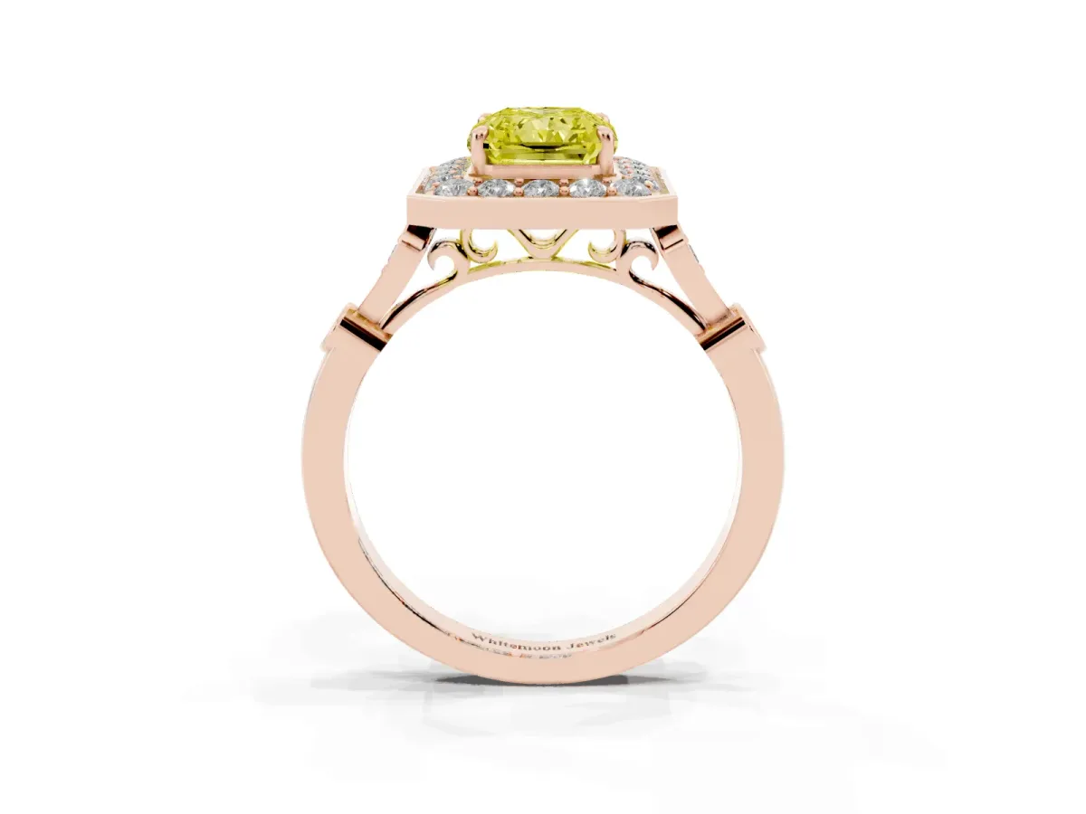 Fancy Yellow Radiant Cut Halo Diamond Engagement Ring with Twisted Band and Four-Prong Setting Rose gold