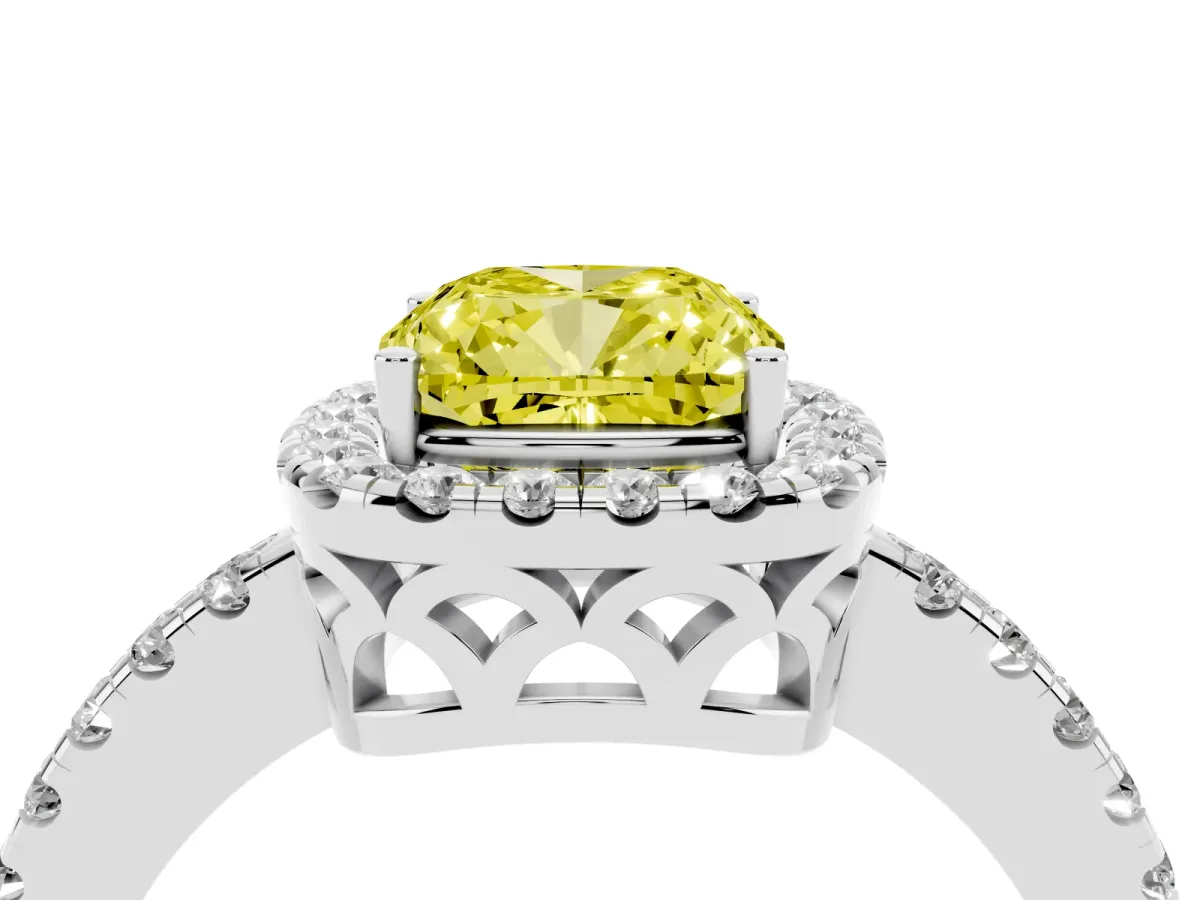 Fancy Yellow Cushion Cut Halo Diamond Engagement Ring with Pavé Band and Four-Prong Setting Platinum
