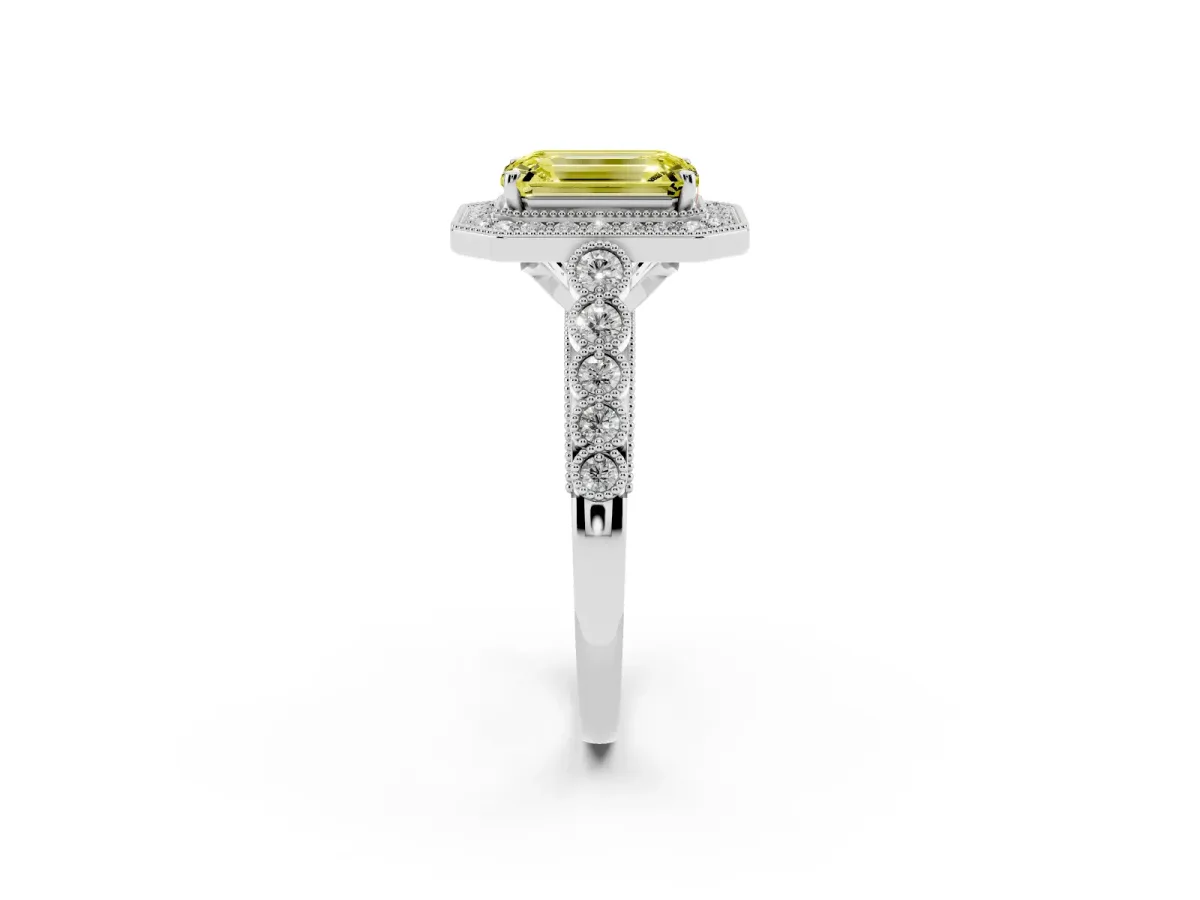 Fancy Yellow Emerald Cut Halo Milgrain Solitaire with Bezel Set Side Stones and Pave Band Silver