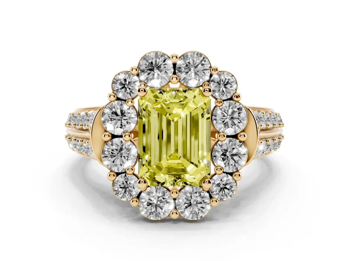 Fancy Yellow Emerald Cut Halo Diamond Engagement Ring with Split Shank and Prong Setting Yellow gold