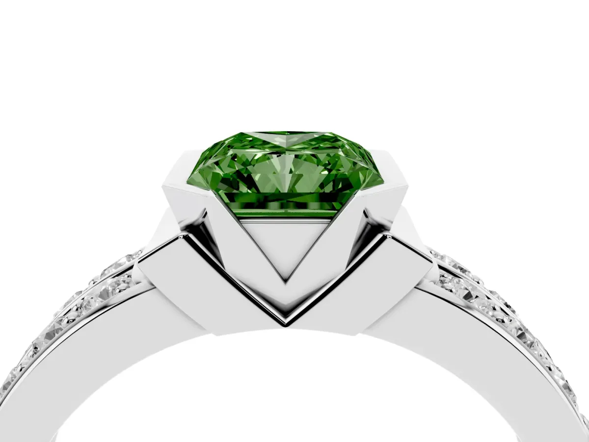 Fancy Green Radiant Cut Brilliant Diamond Channel Set Wide Band Ring with Bezel Setting Silver