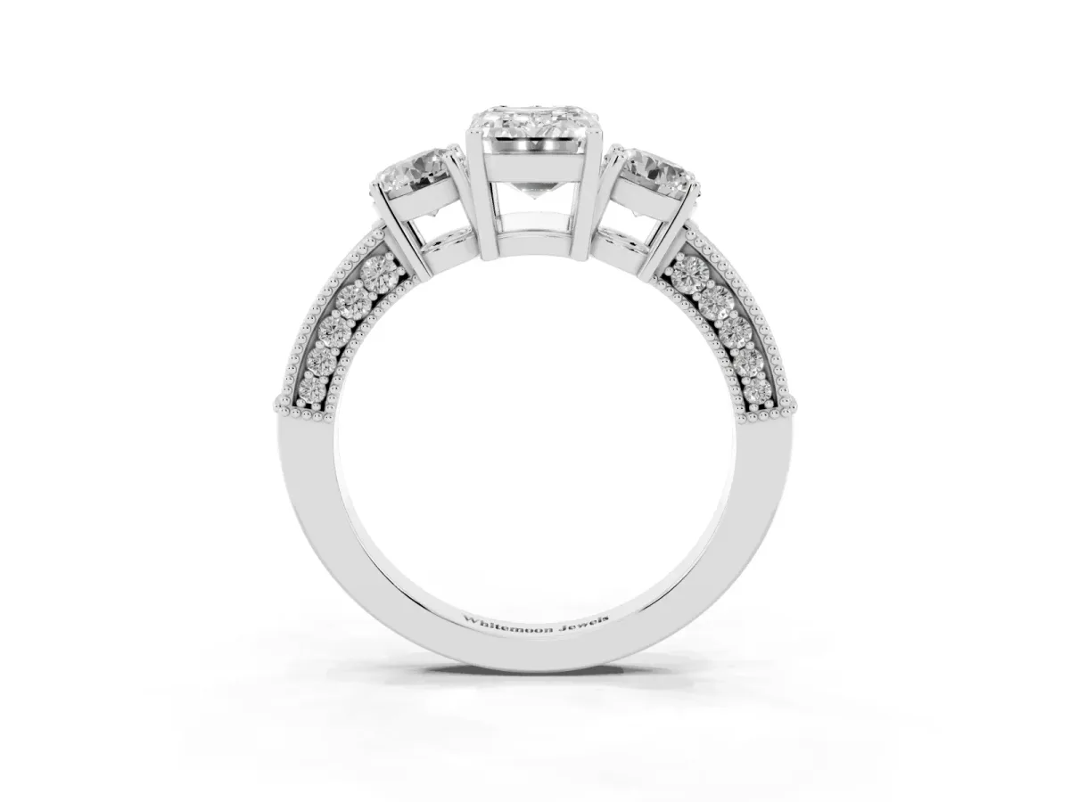 Emerald Cut Three-Stone Diamond Ring with Pavé Band and Four-Prong Setting Silver