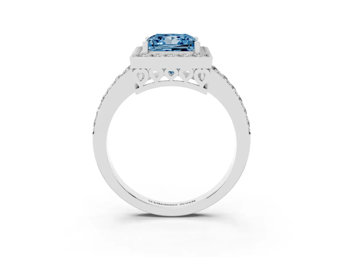 Fancy Blue Princess Cut Halo Diamond Pavé Band Ring with Prong Setting Silver