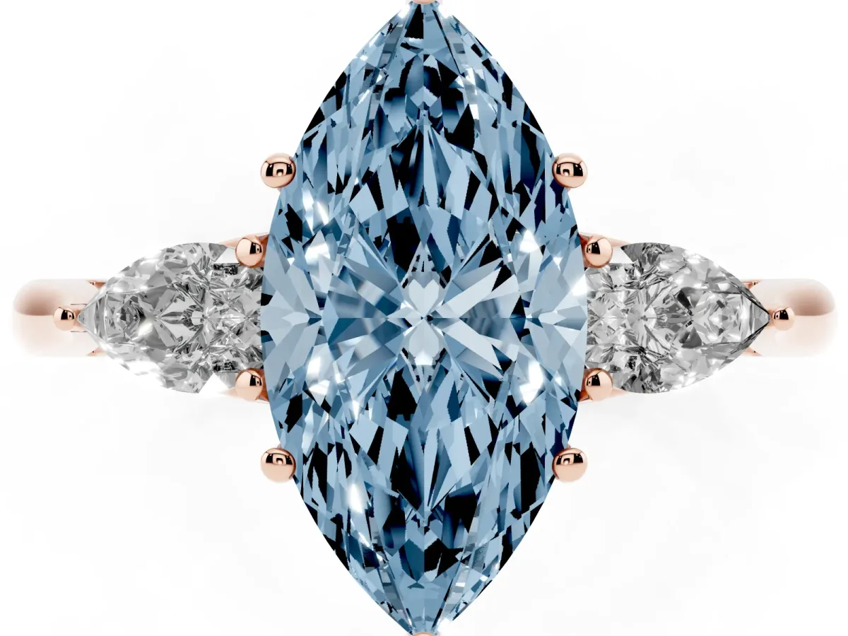 Fancy Blue Marquise Cut Diamond Three-Stone Ring with Pear Side Stones and Prong Setting Rose gold