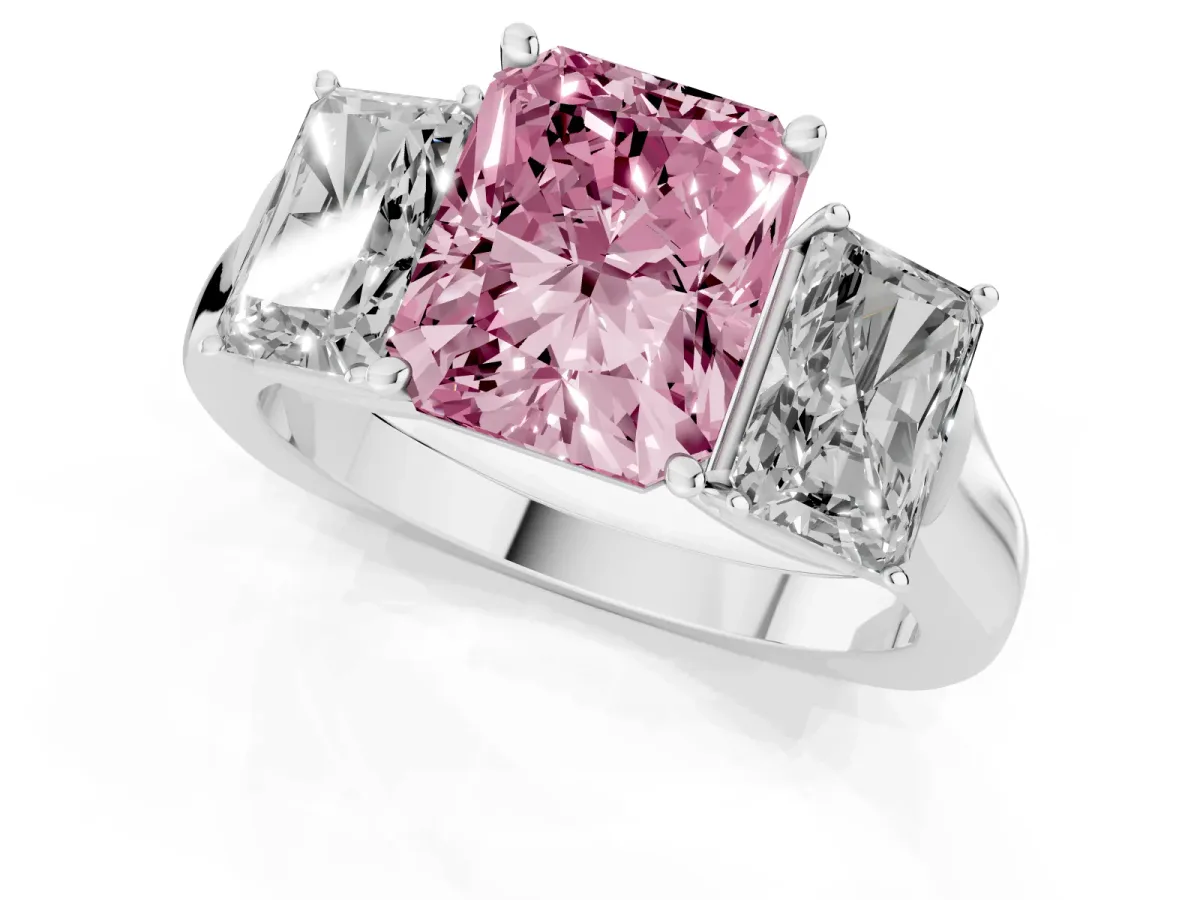 Fancy Pink Three-Stone Radiant Cut Brilliant Diamond Trellis Ring with Comfort Fit Band Silver