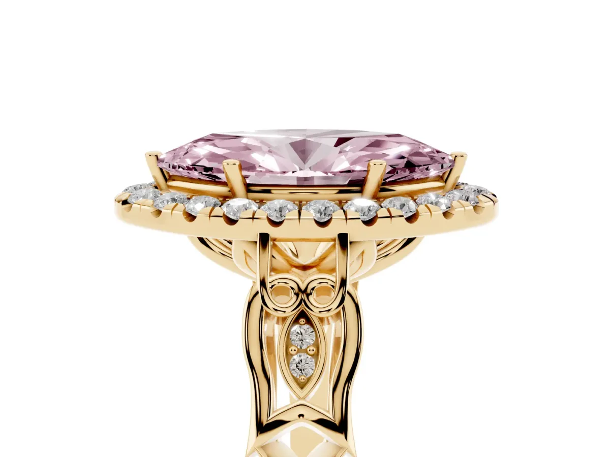 Fancy Pink Marquise Cut Halo Diamond Engagement Ring with Filigree Band and Four-Prong Setting Yellow gold