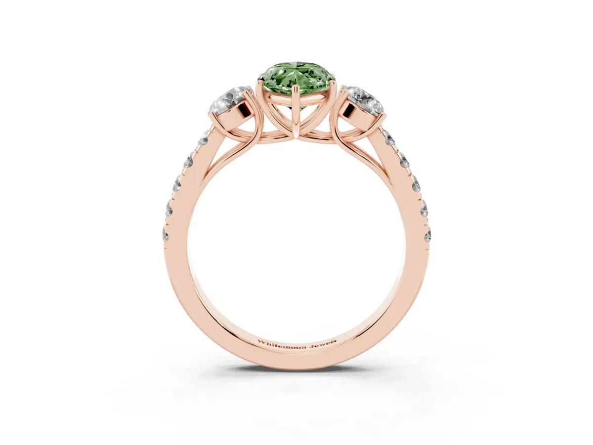 Fancy Green Marquise Cut Cut Diamond Three-Stone Ring with Round Side Stones and Pavé Band Rose gold