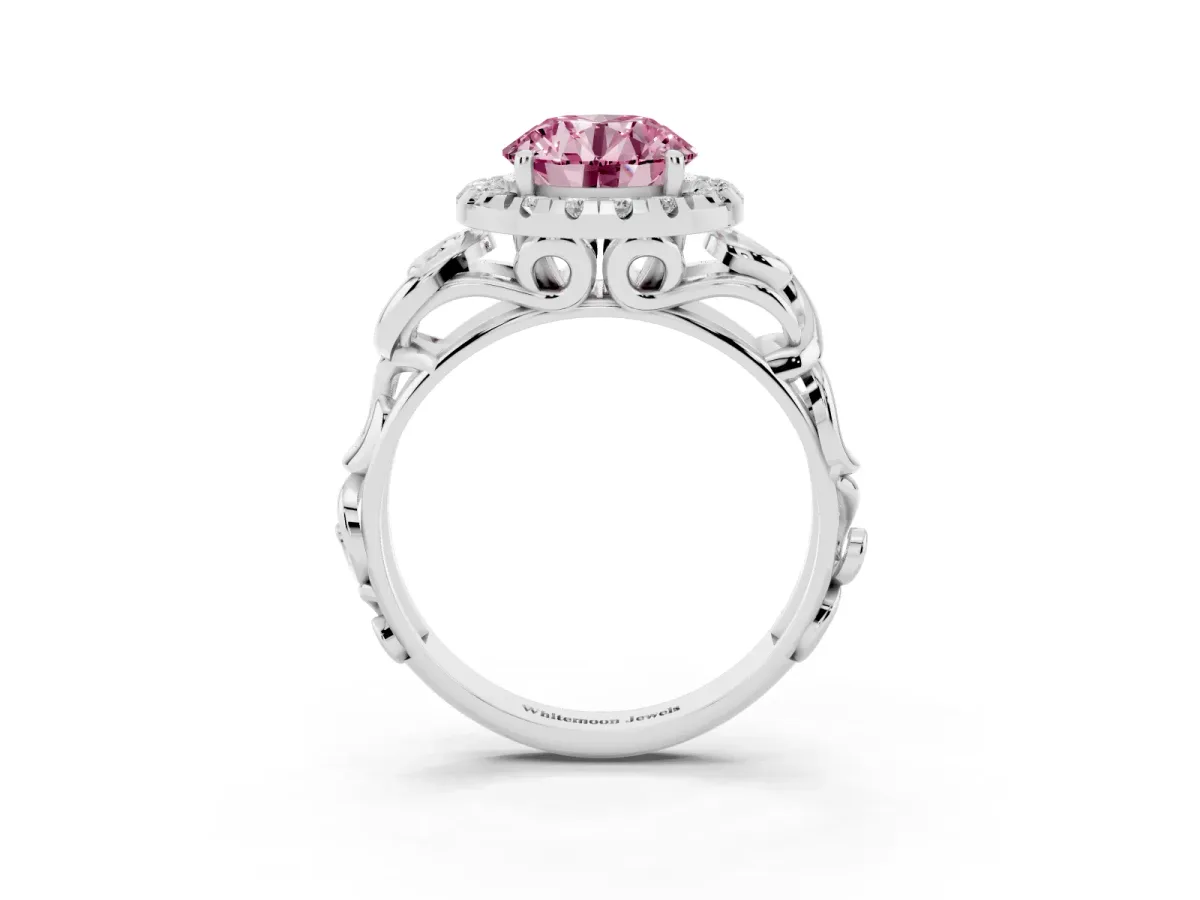 Fancy Pink Round Cut Cut Halo Diamond Ring with Scrollwork Band and Four-Prong Setting Silver