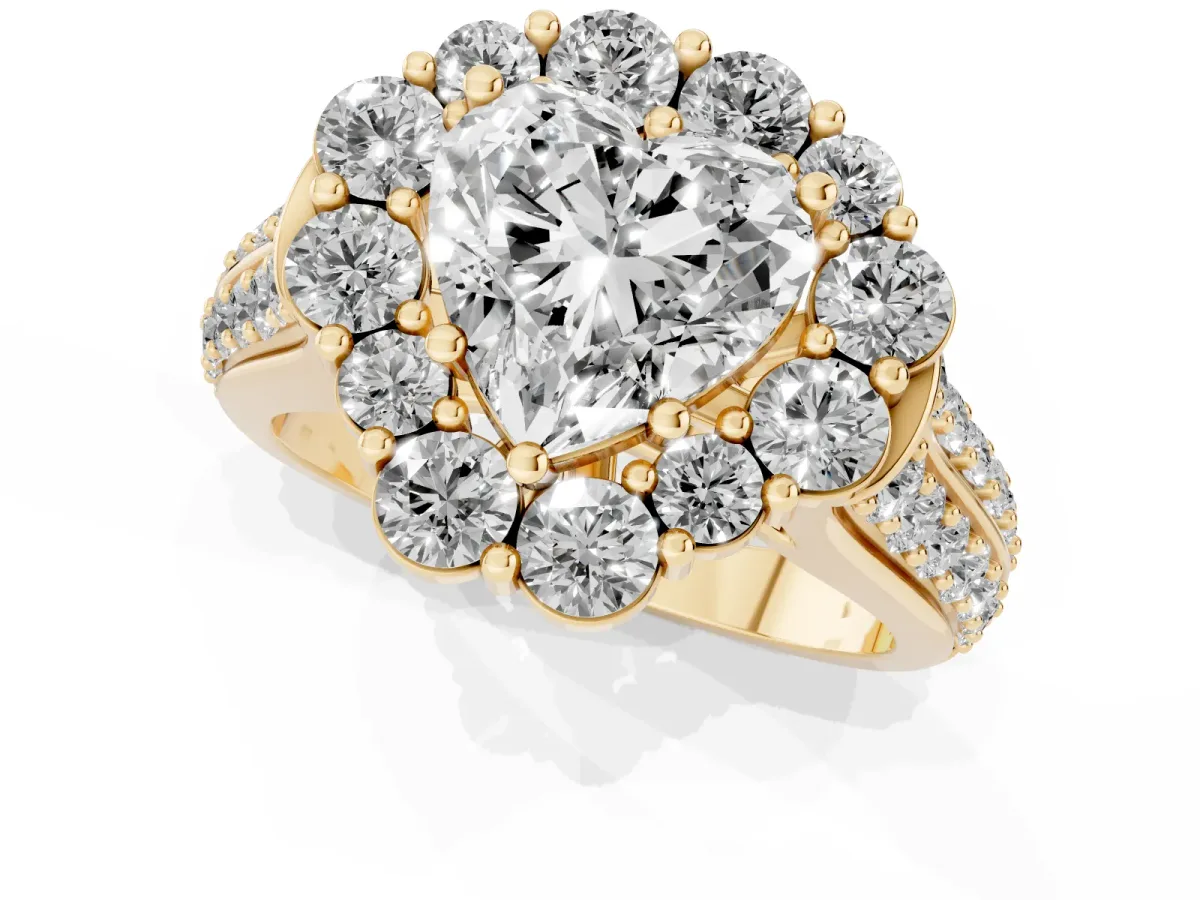 Heart Cut Halo Diamond Engagement Ring with Split Shank and Prong Setting Yellow gold