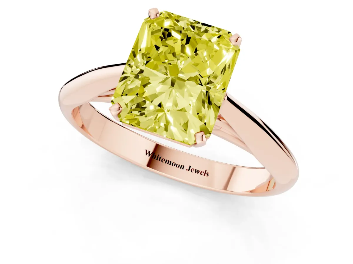 Fancy Yellow Radiant Cut Diamond Solitaire Engagement Ring with Cathedral Setting and Four-Prong Mount Rose gold