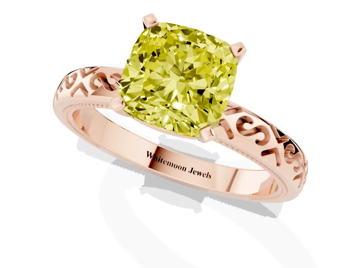 Fancy Yellow Cushion Cut Solitaire Engagement Ring with Scrollwork Band and Four-Prong Setting Rose gold