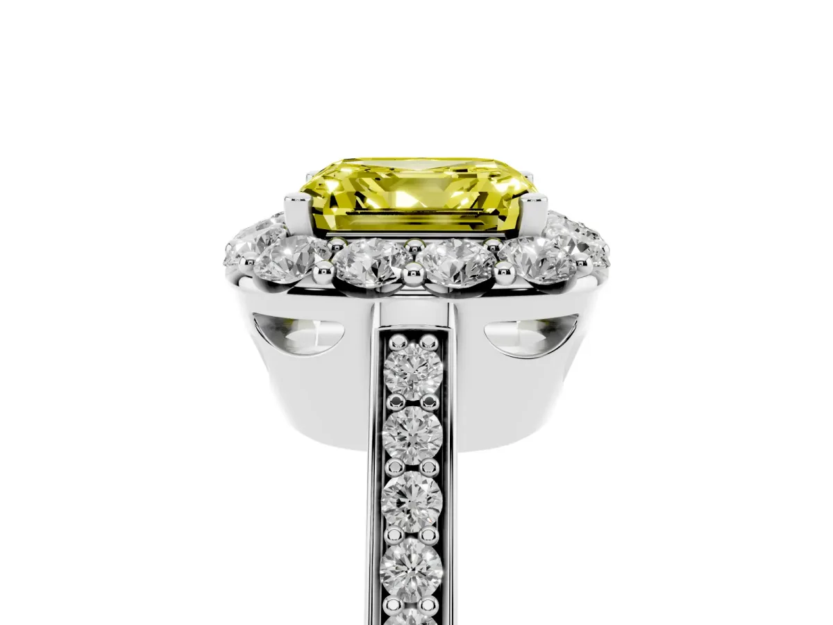 Fancy Yellow Asscher Cut Diamond Floral Halo Ring with Pavé Band and Prong Setting White gold