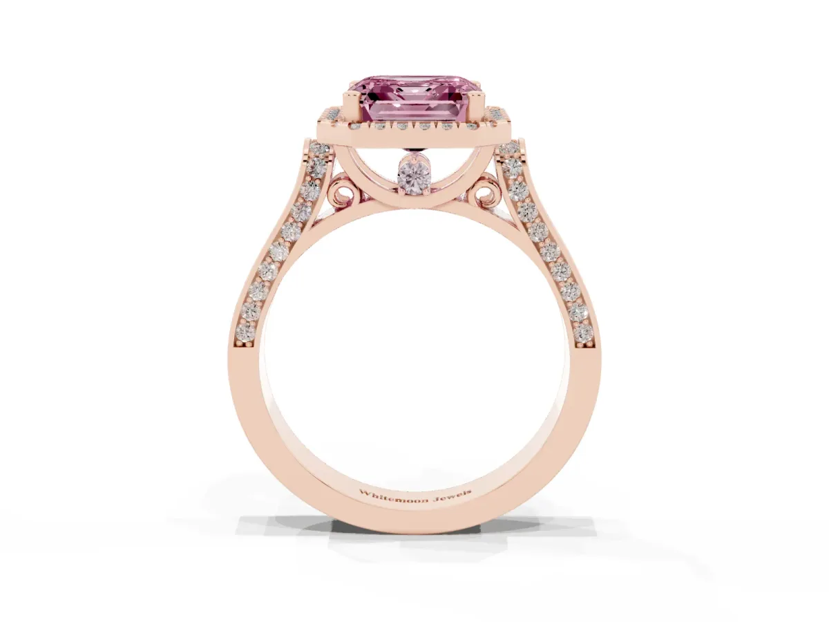 Fancy Pink Asscher Cut Halo Pave Split Shank Prong Setting Ring Rose gold