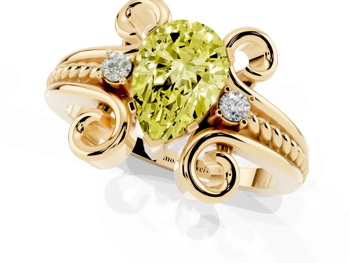 Fancy Yellow Pear Cut Solitaire Twisted Band Scroll Prong Ring Yellow gold