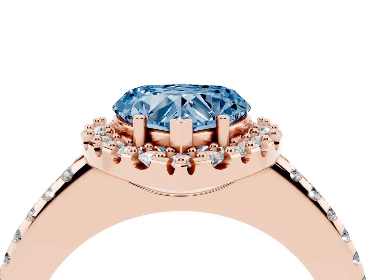 Fancy Blue Heart Cut Diamond Pavé Halo Ring with Four-Prong Setting Rose gold