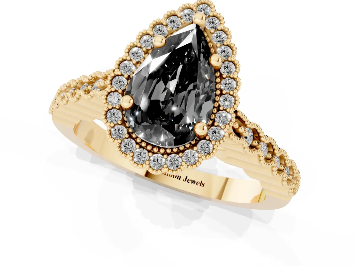 Fancy Black Pear Cut Cut Halo Pavé Solitaire Ring with Milgrain Band Yellow gold
