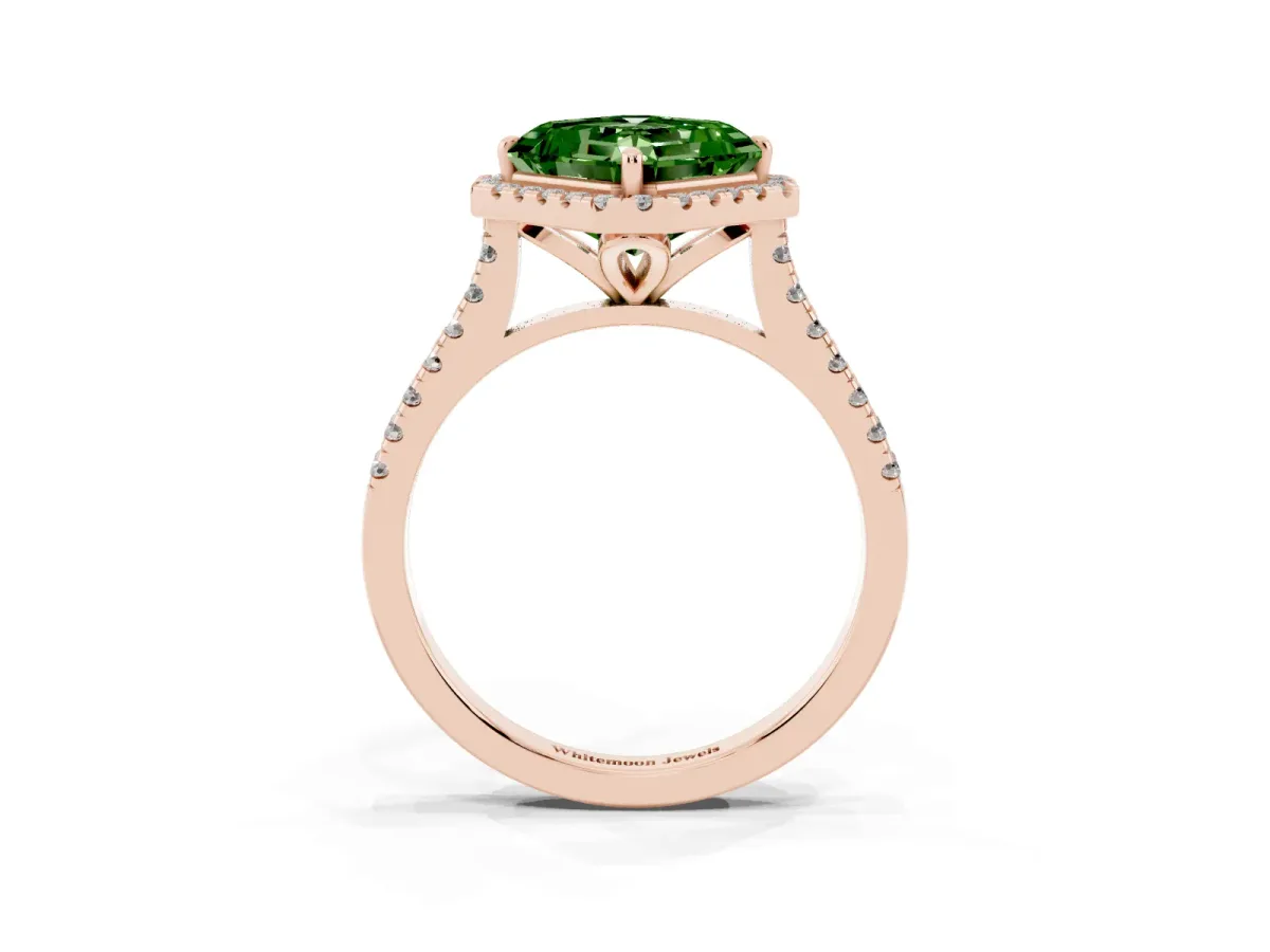 Fancy Green Asscher Cut Diamond Cushion Halo Ring with Pavé Band Rose gold
