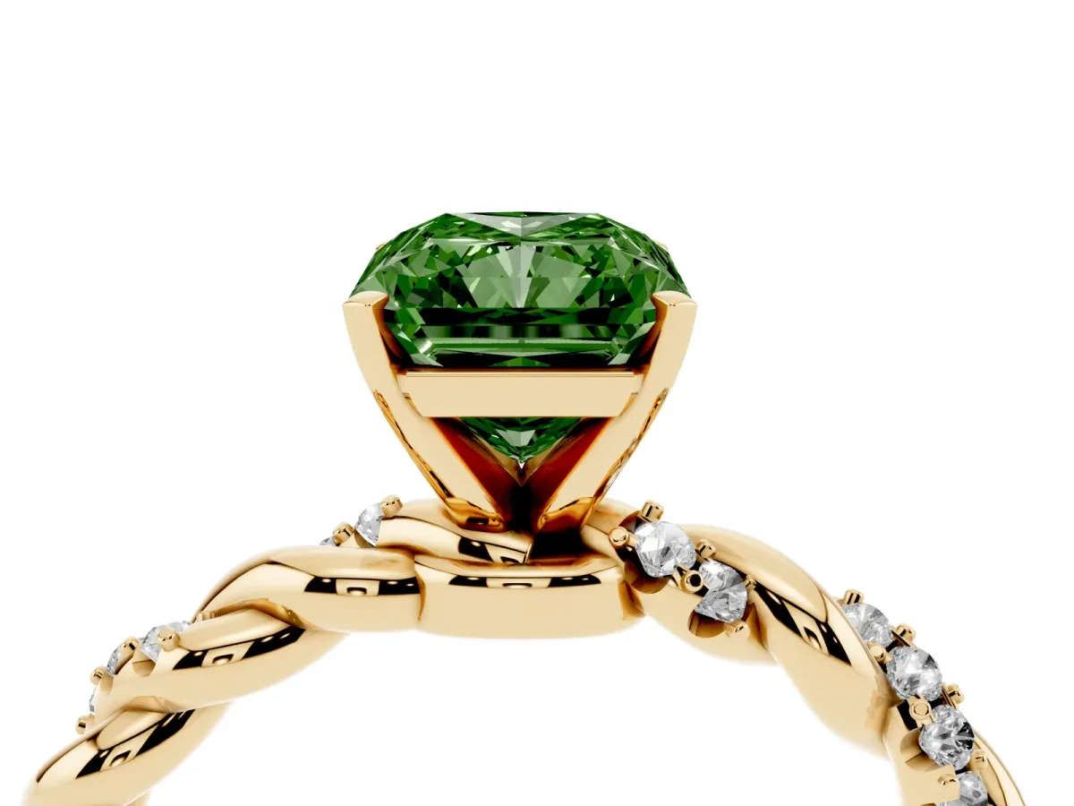 Fancy Green Radiant Cut Diamond Solitaire Ring with Twisted Band and Pavé Accents Yellow gold