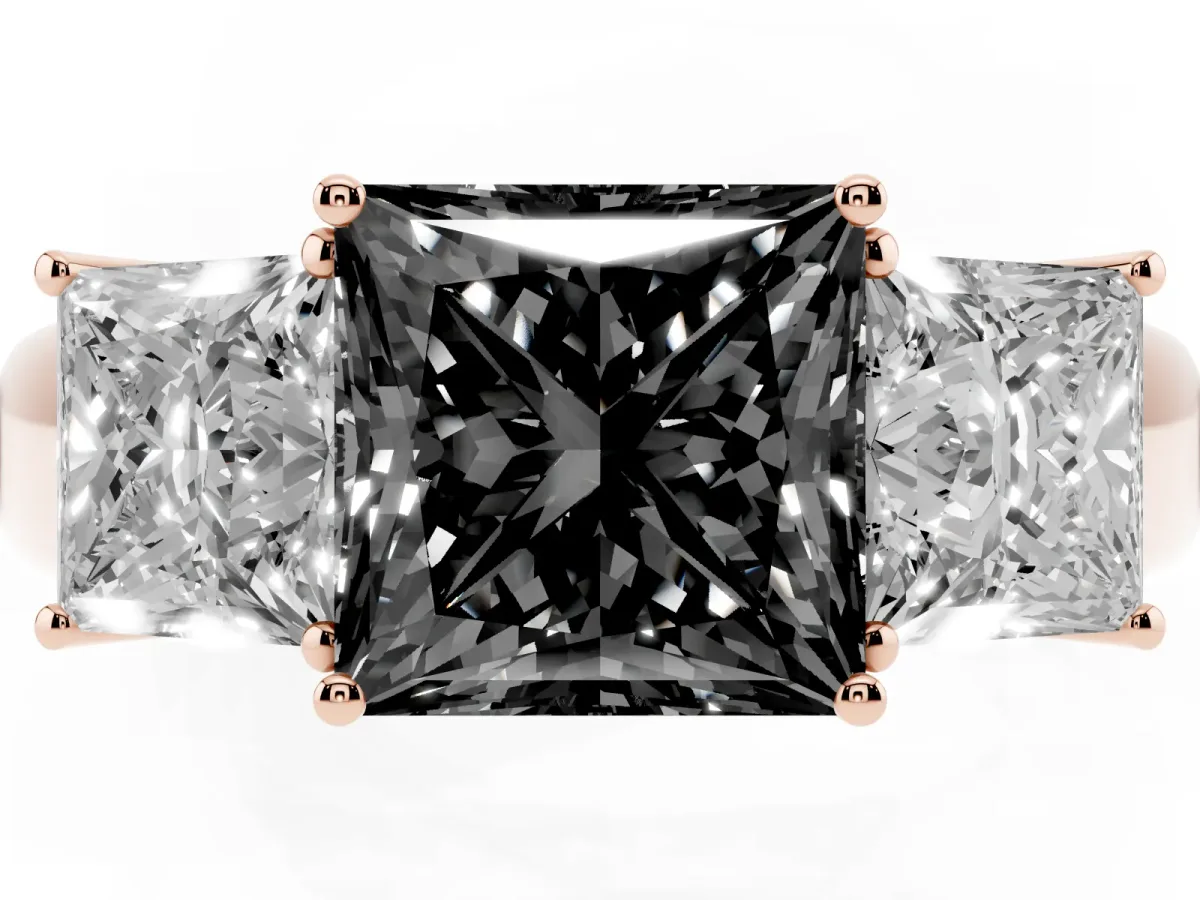 Fancy Black Three-Stone Princess Cut Cut Diamond Ring with Prong Setting and Classic Band Rose gold