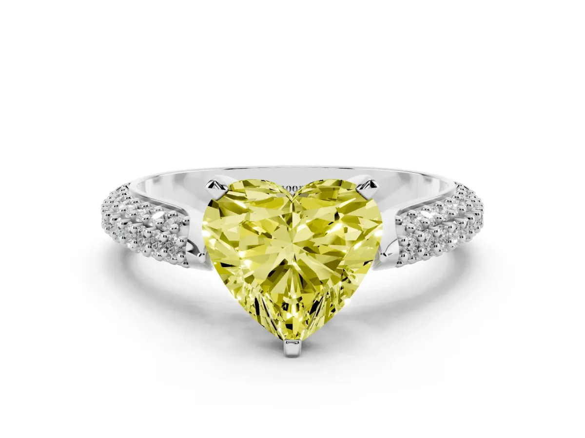 Fancy Yellow Heart Cut Diamond Solitaire Engagement Ring with Multi-Row Round Pavé Band and Prong Setting White gold