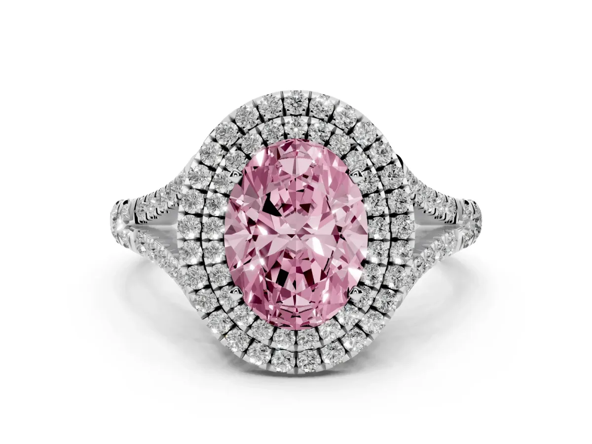 Fancy Pink Oval Cut Diamond Pavé Split Shank Double Halo Engagement Ring Silver