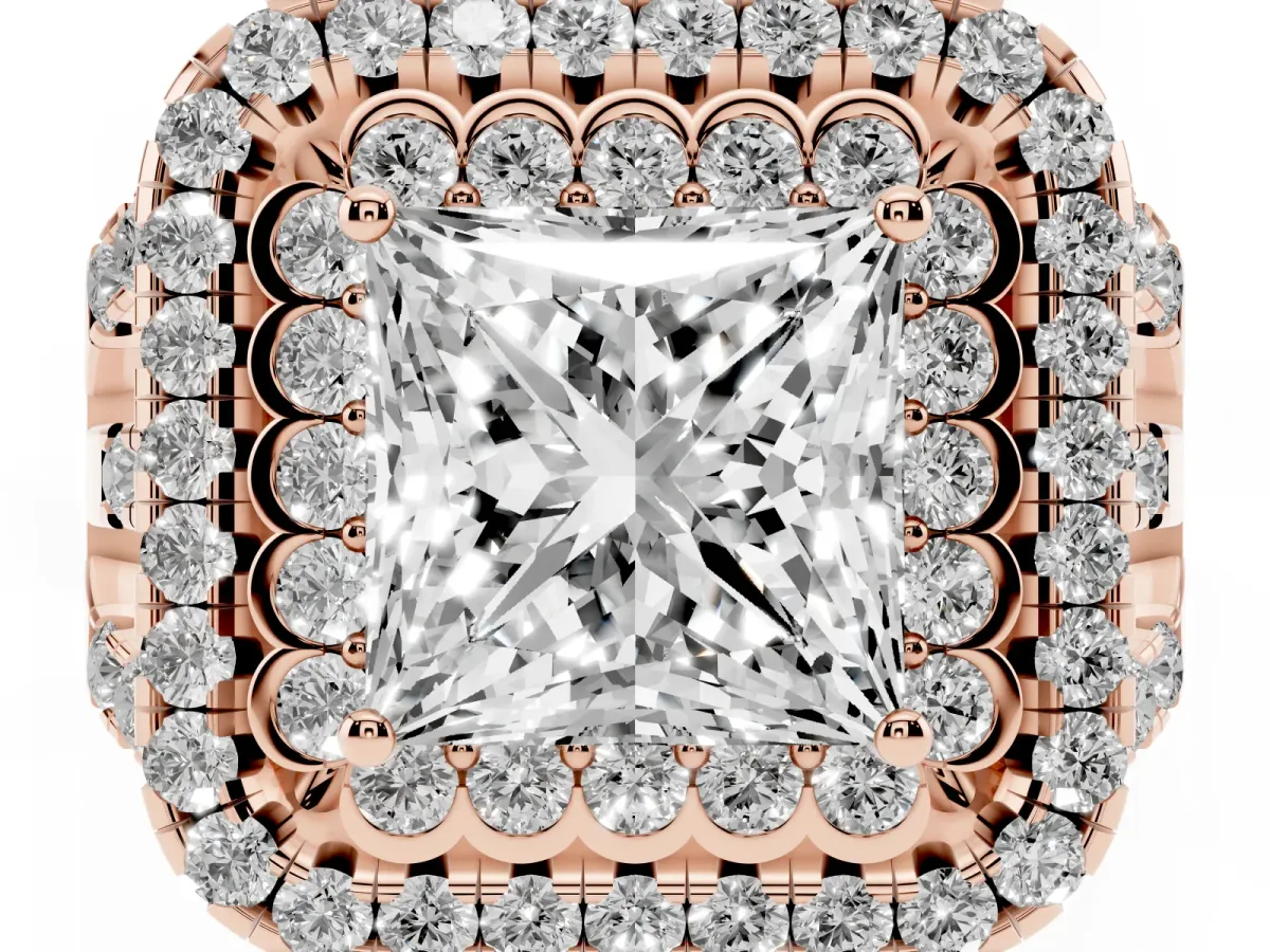 Princess Cut Diamond Double Halo Ring with Round Pavé Split Shank and Prong Setting Rose gold
