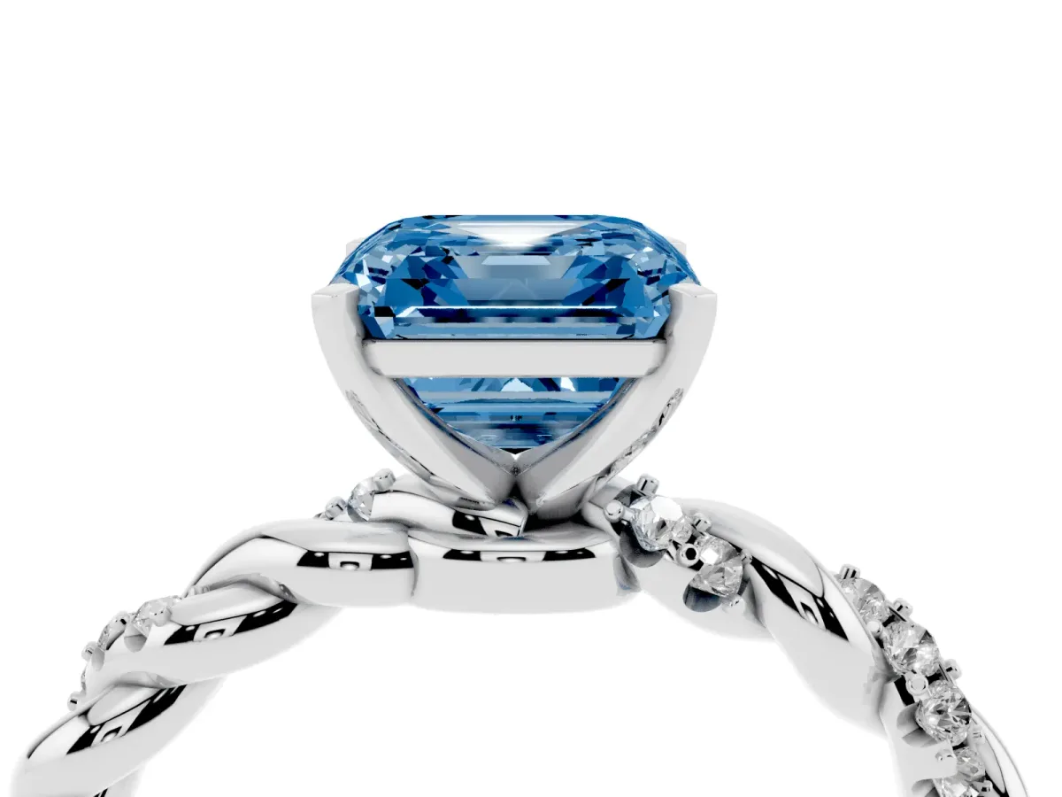 Fancy Blue Asscher Cut Diamond Solitaire Ring with Twisted Band and Pavé Accents White gold