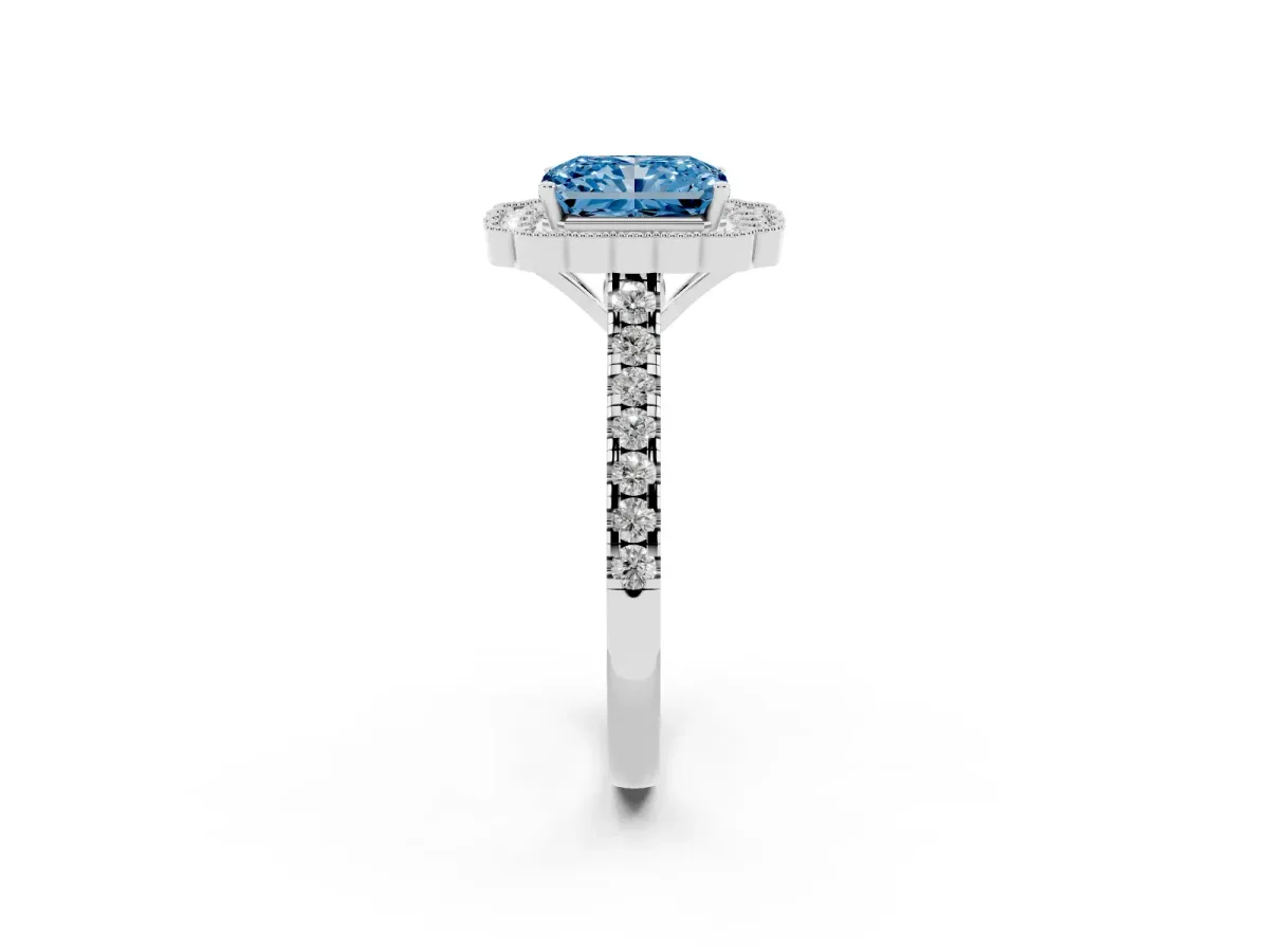 Fancy Blue Radiant Cut Cut Diamond Milgrain Floral Halo Engagement Ring with Pavé Band Silver