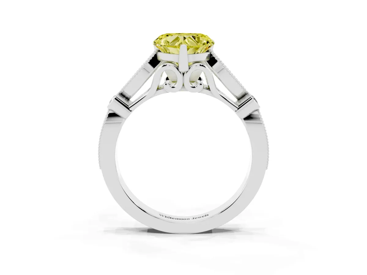 Fancy Yellow Heart Cut Cut Diamond with Milgrain Marquise and Bezel Accents on a Solitaire Band with Prong Setting White gold