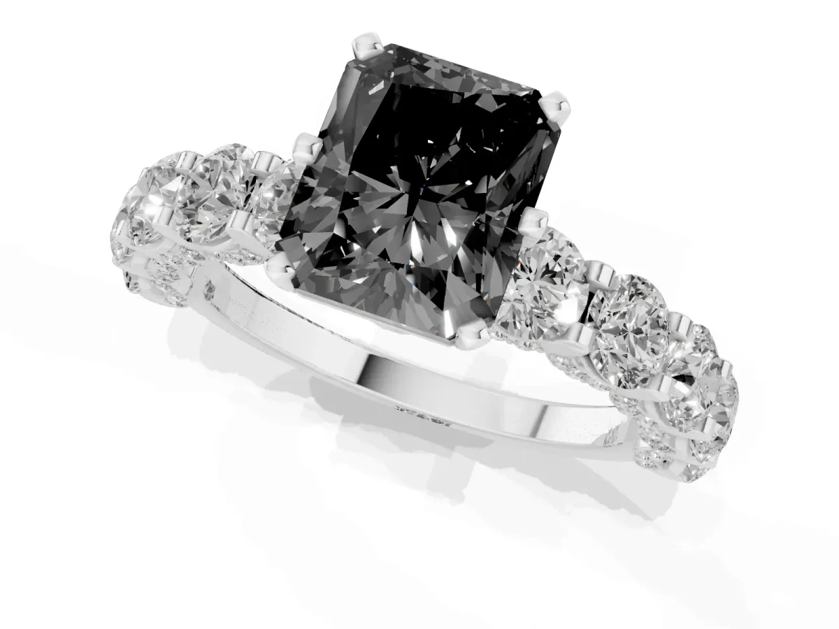 Fancy Black Radiant Cut Diamond Side Stone Engagement Ring with Four-Prong Setting Silver