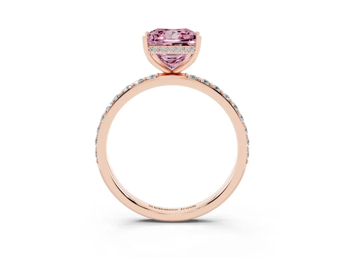 Fancy Pink Princess Cut Diamond Solitaire Ring with Pavé Band and Hidden Halo Rose gold