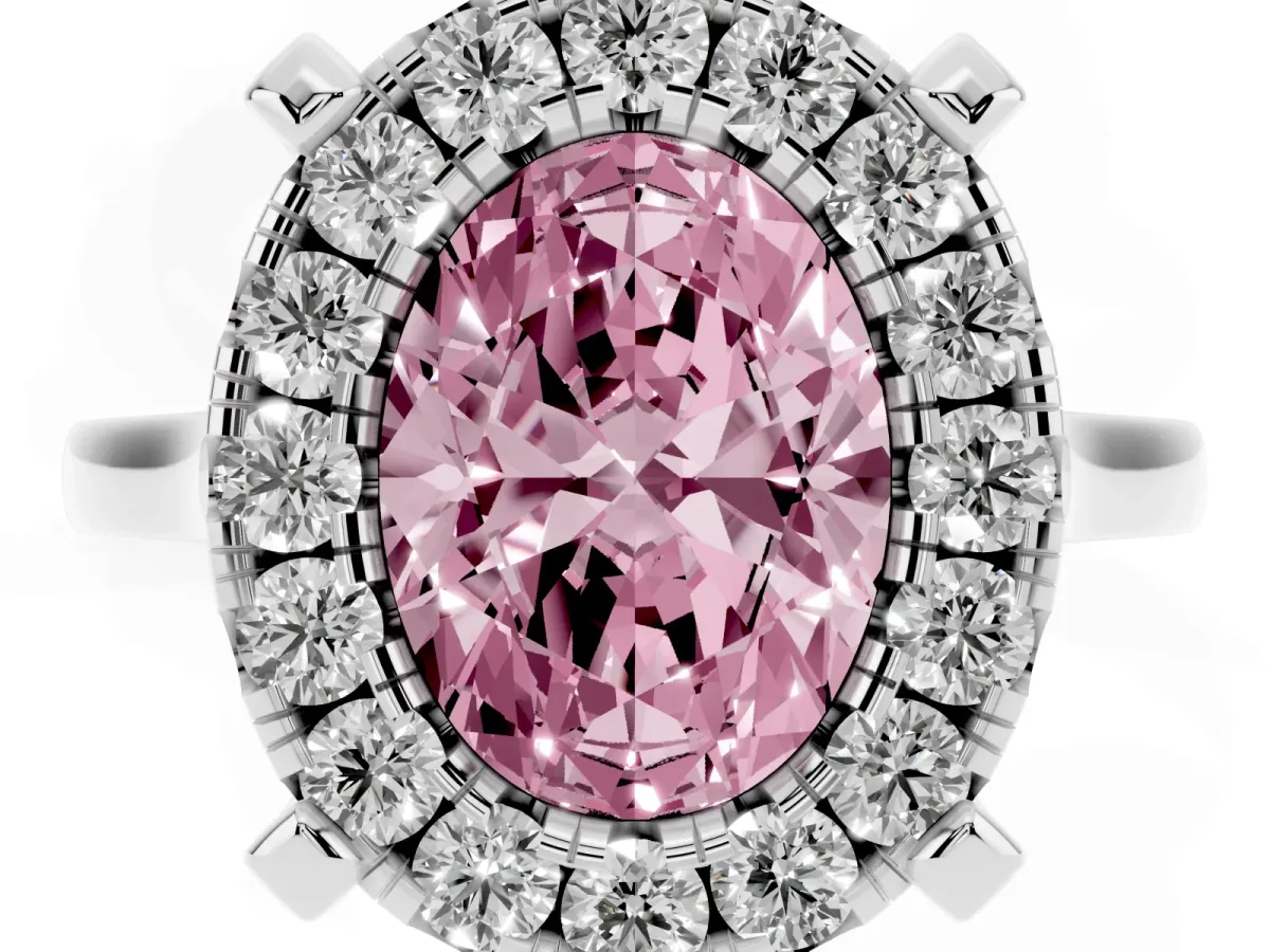 Fancy Pink Oval Cut Diamond Cluster Halo Solitaire with Four-Prong Setting Silver