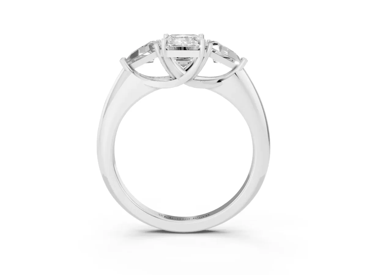Three-Stone Emerald Cut Diamond Engagement Ring with Trillion Side Stones and Prong Setting Silver