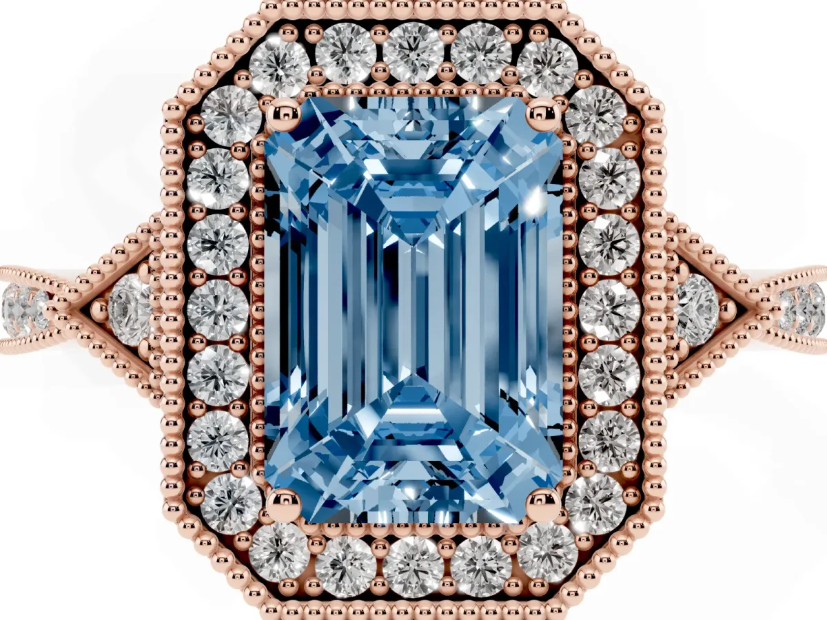Fancy Blue Emerald Cut Halo Round Diamond Milgrain Pave Engagement Ring Rose gold