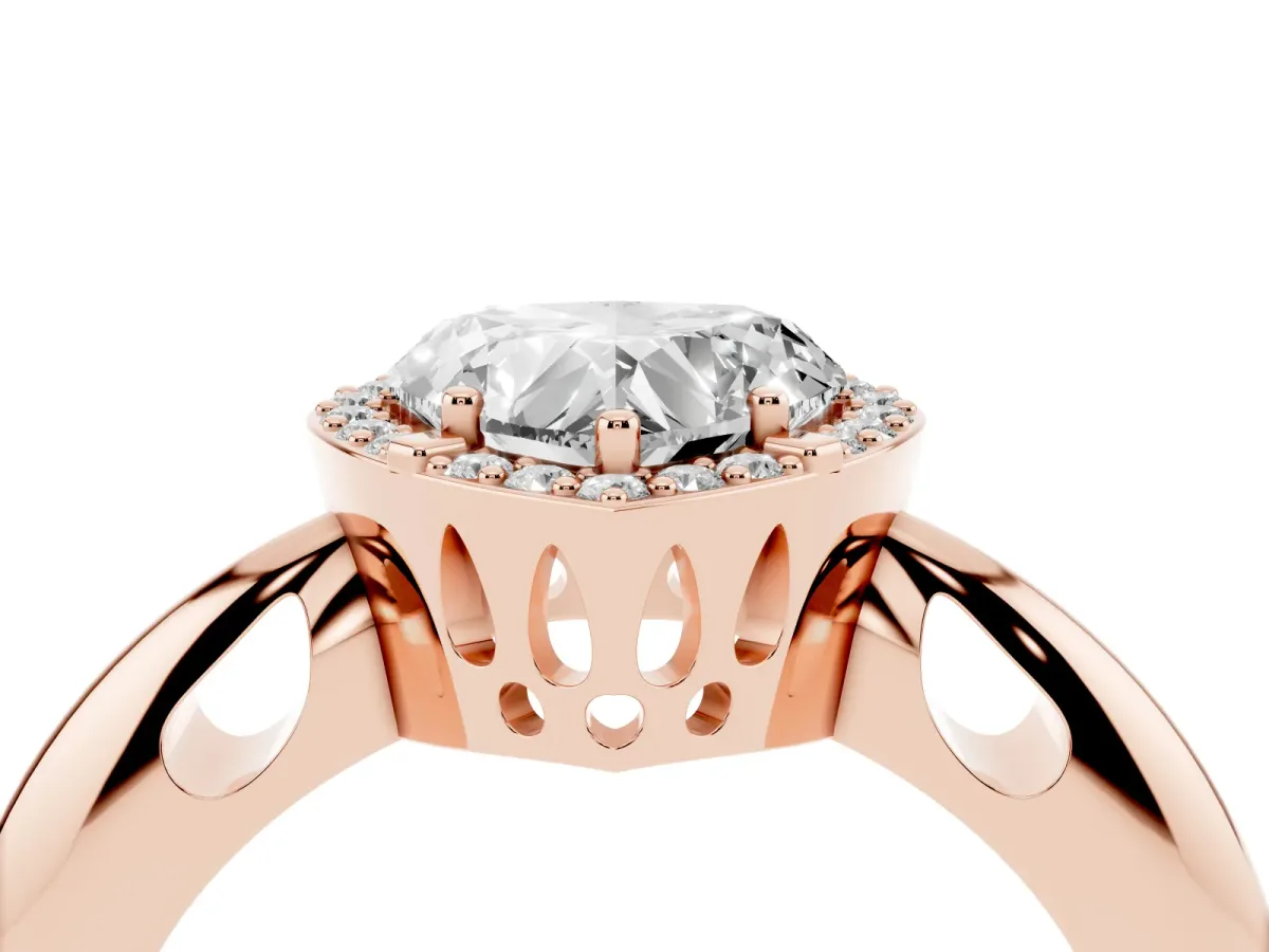 Heart Cut Cut Diamond Halo Engagement Ring with Split Shank and Four-Prong Setting Rose gold