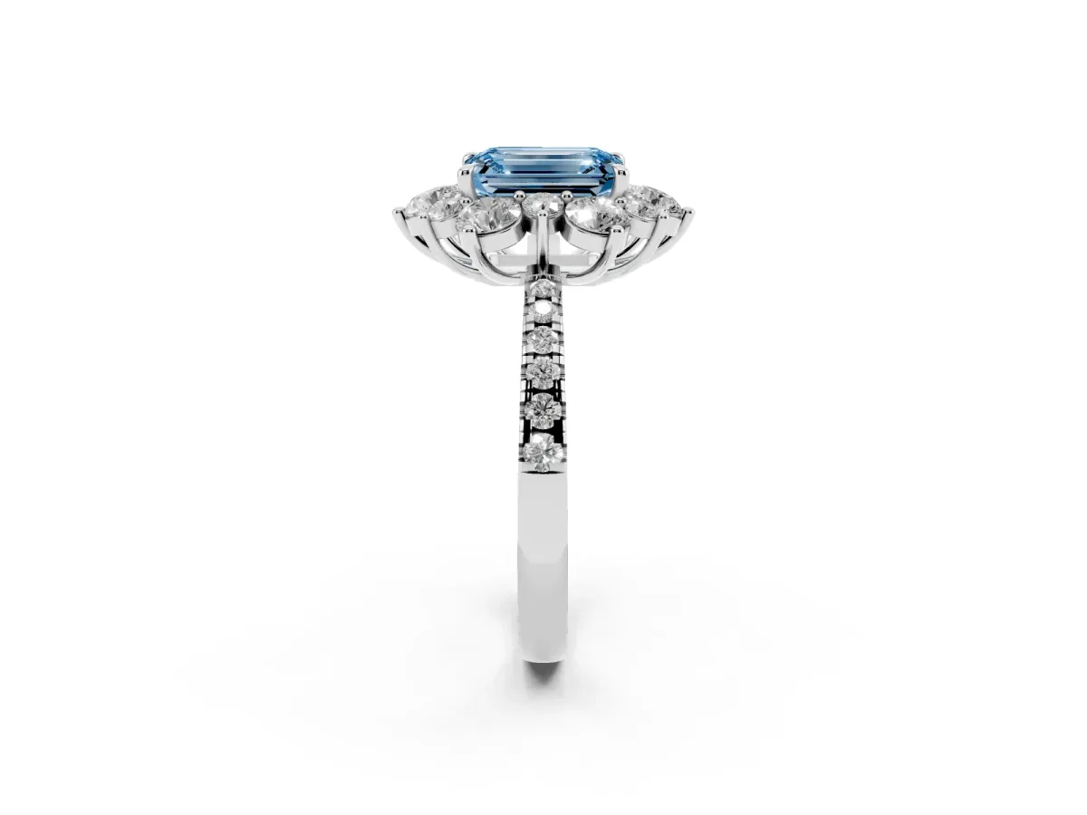 Fancy Blue Emerald Cut Diamond Floral Halo Ring with Round Pavé Band and Prong Setting Silver
