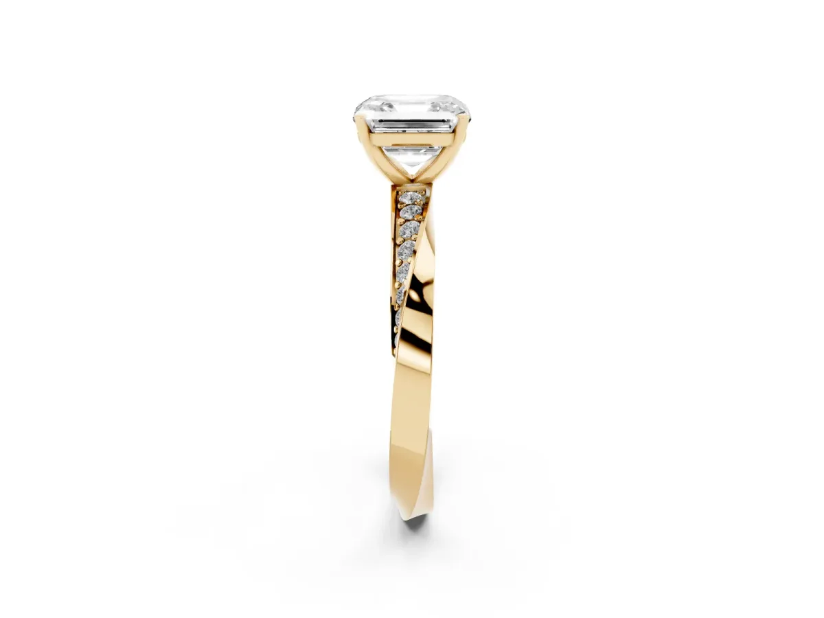 Asscher Cut Diamond Engagement Ring with Side Stone Accents and Four-Prong Setting Yellow gold