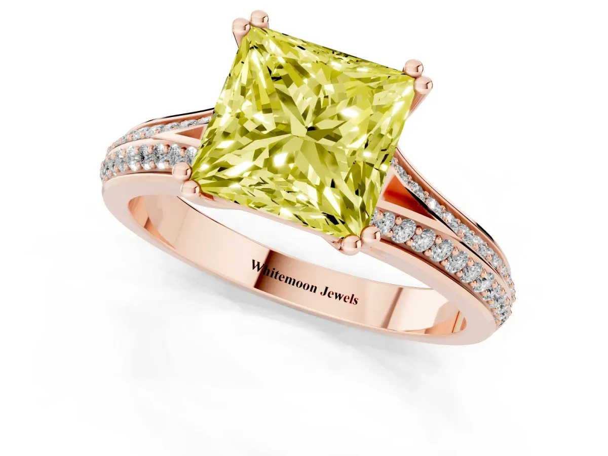 Fancy Yellow Princess Cut Diamond Split Shank Engagement Ring with Pavé Band Rose gold